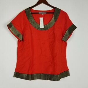 Pink Boutique Women's Top Size 48 Red Foil‎ Embroidered Short Sleeve Shirt New